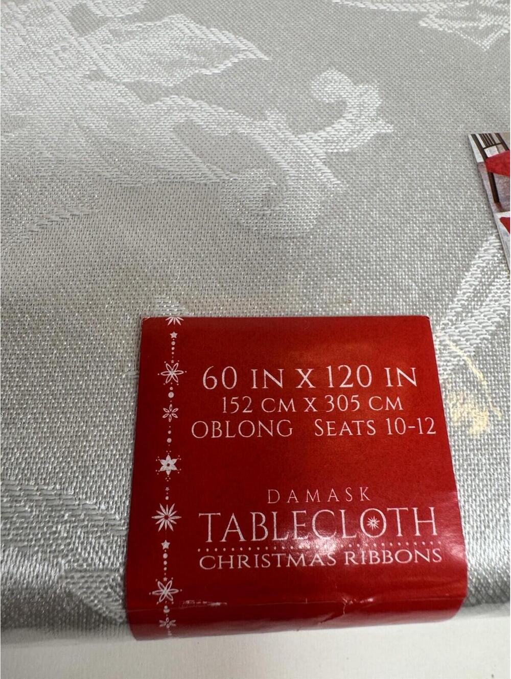 Damask Silver Tablecloth Oblong 60" X 120" 10-12 CHRISTMAS RIBBONS Holiday NEW - Picture 2 of 3